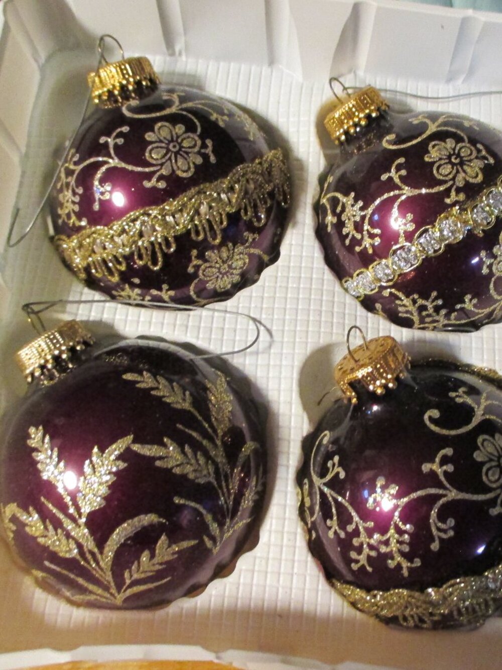 krebs in box new plum satin ribbon glitter blown glass ornaments victorian
